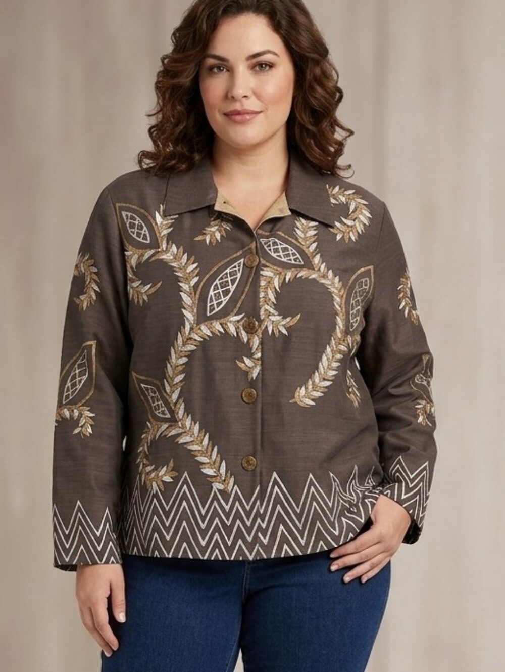 Alex Kim Button-Up Shirt Jacket Brown Patterned Size 1X